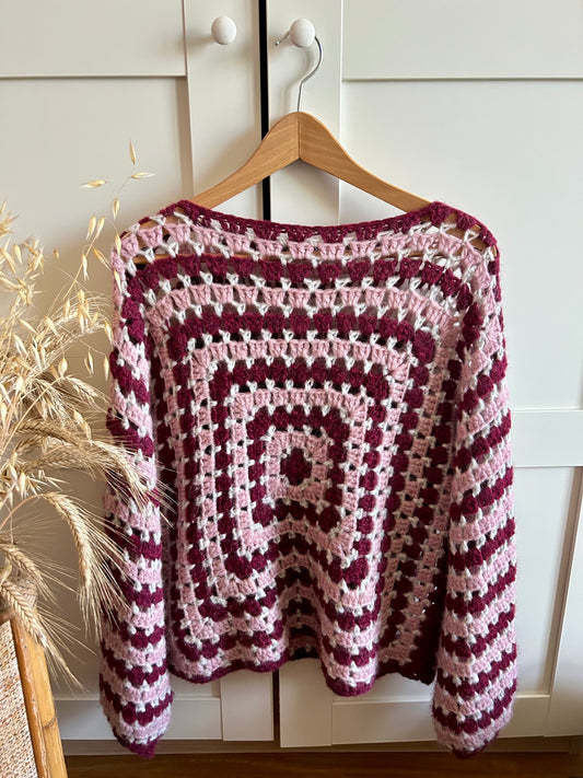 MAGLIA CROCHET GRANNY SQUARES  A UNCINETTO ROSA /BORDEAUX (CAMPIONE)